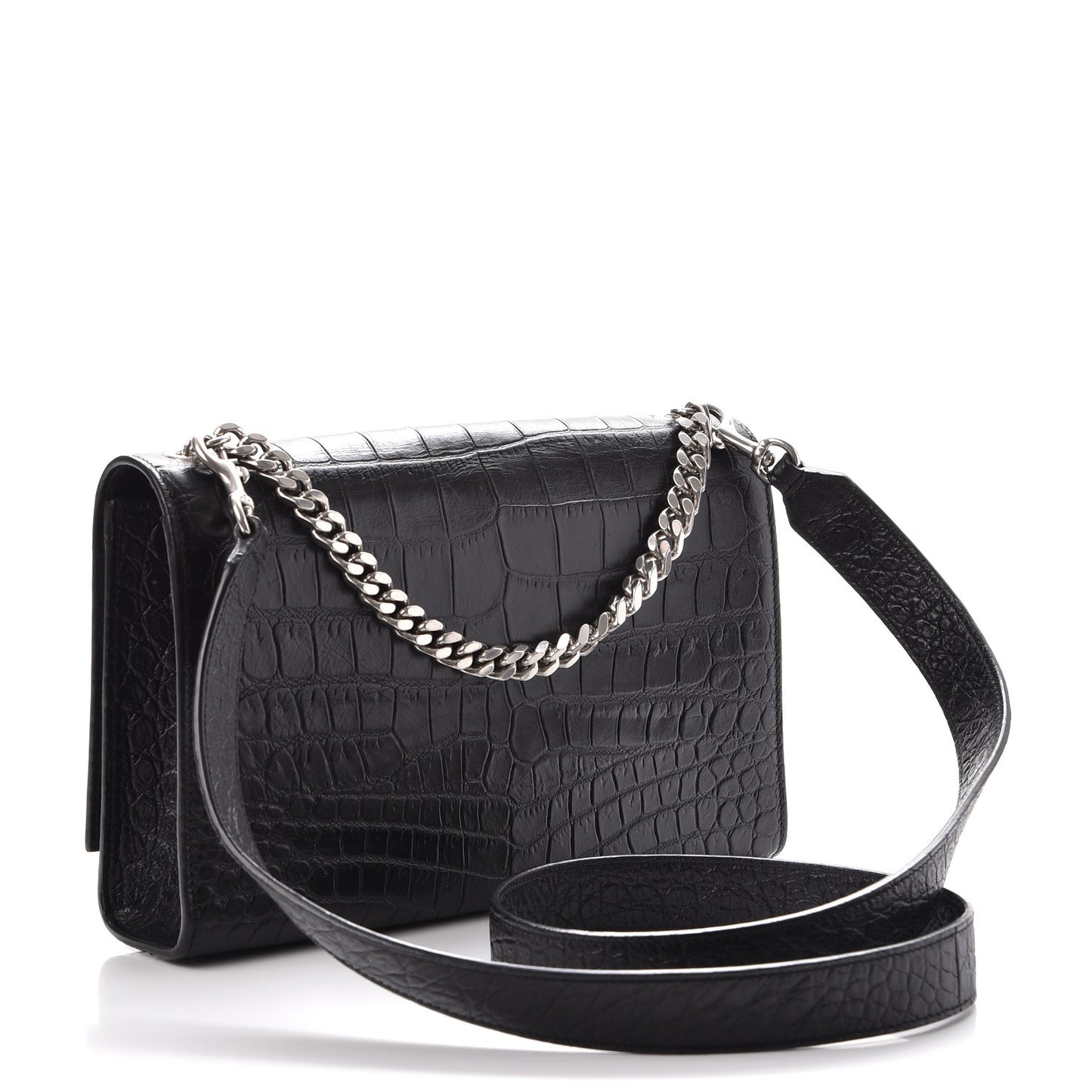Calfskin Crocodile Embossed Medium Classic Monogram Kate Double Handle Satchel Black