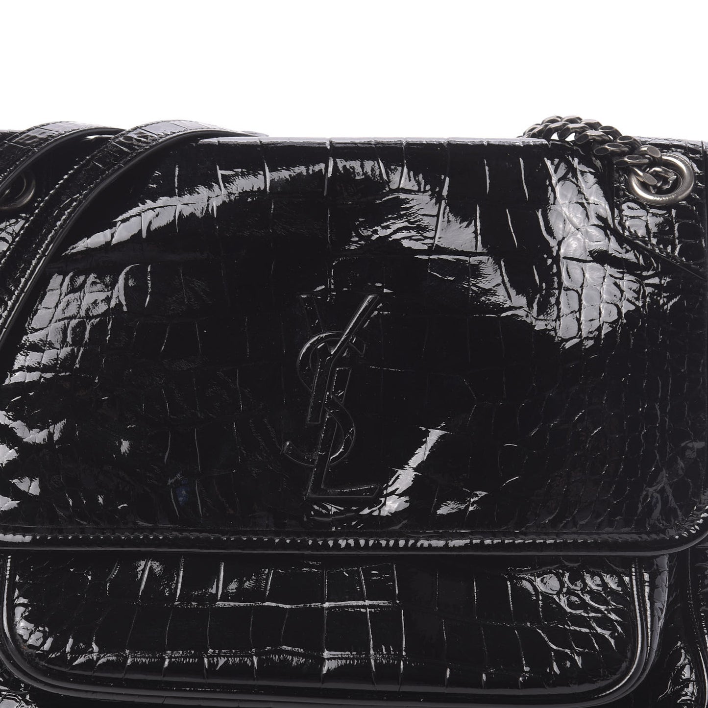 Patent Crocodile Embossed Lambskin Monogram Medium Niki Chain Satchel Black