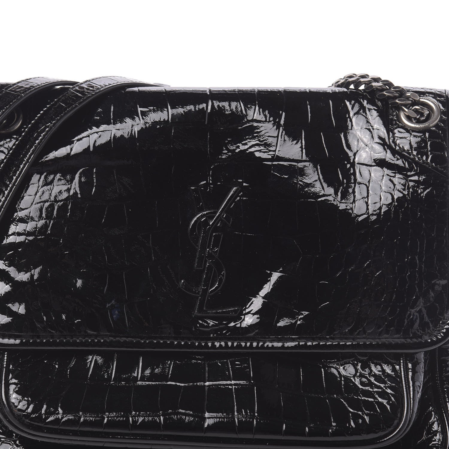 Saint Laurent Patent Crocodile Embossed Lambskin Monogram Medium Niki Chain Satchel Black 9 of 9