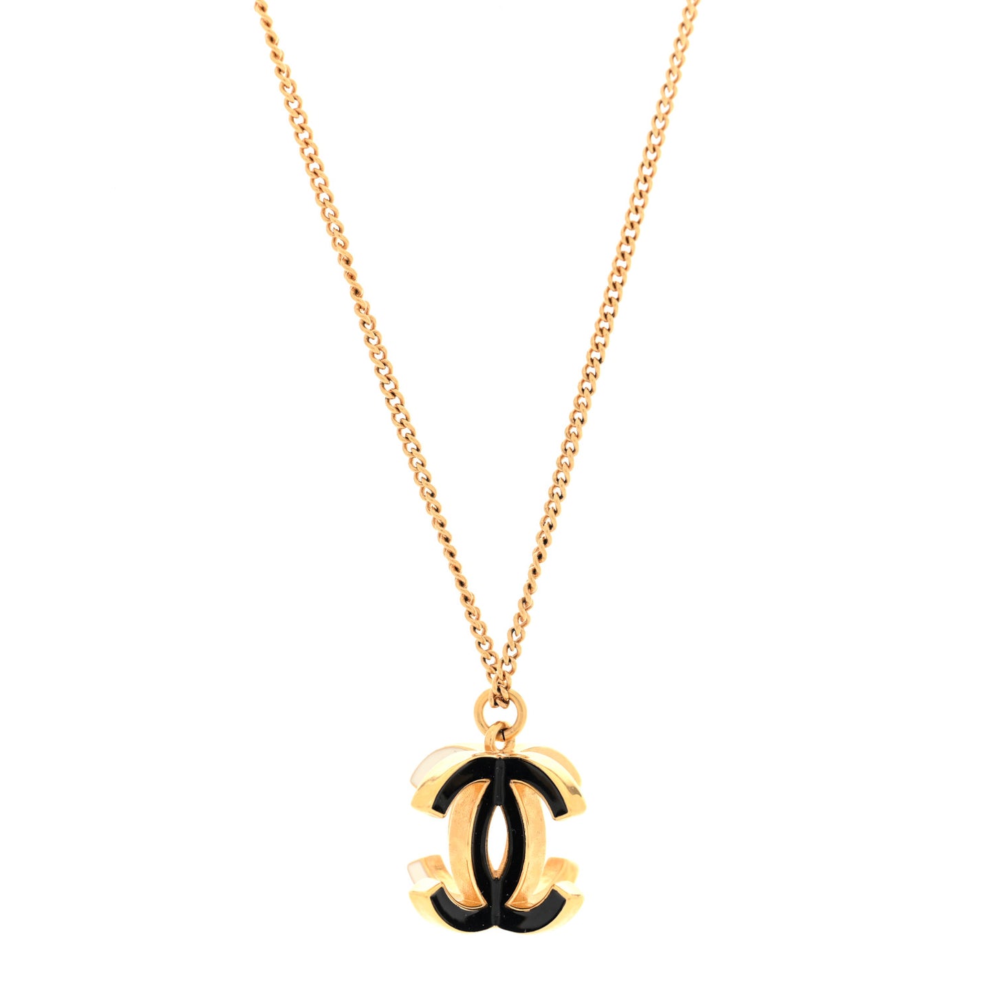 Metal Crystal Enamel CC Pendant Necklace Gold Black White