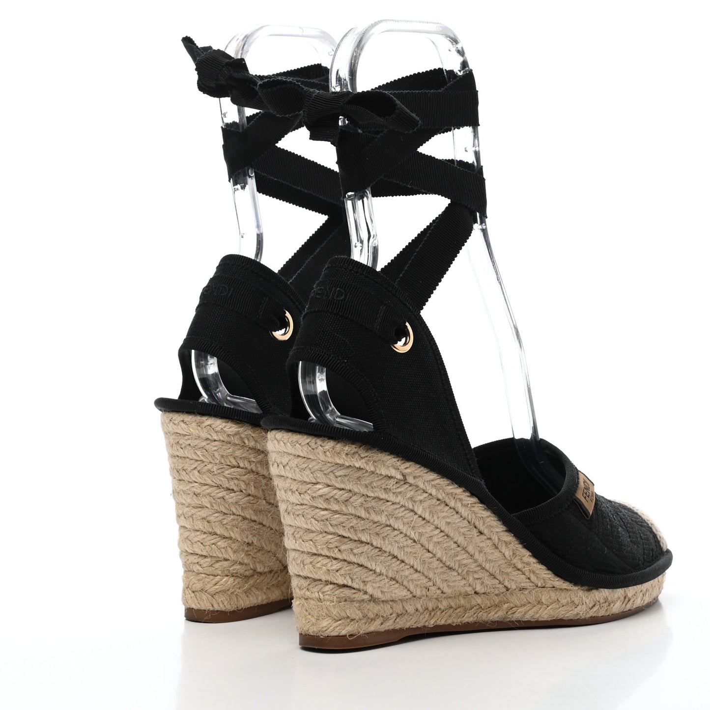 Canvas FF Embroidered Roma Ankle Wrap Espadrille Wedges 38 Black