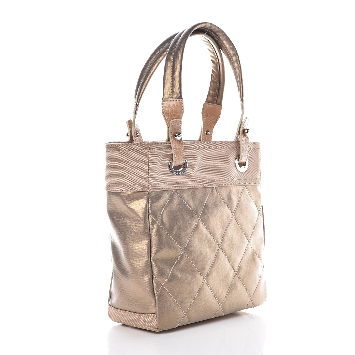 Metallic Coated Canvas Quilted Small Paris Biarritz Tote Gold