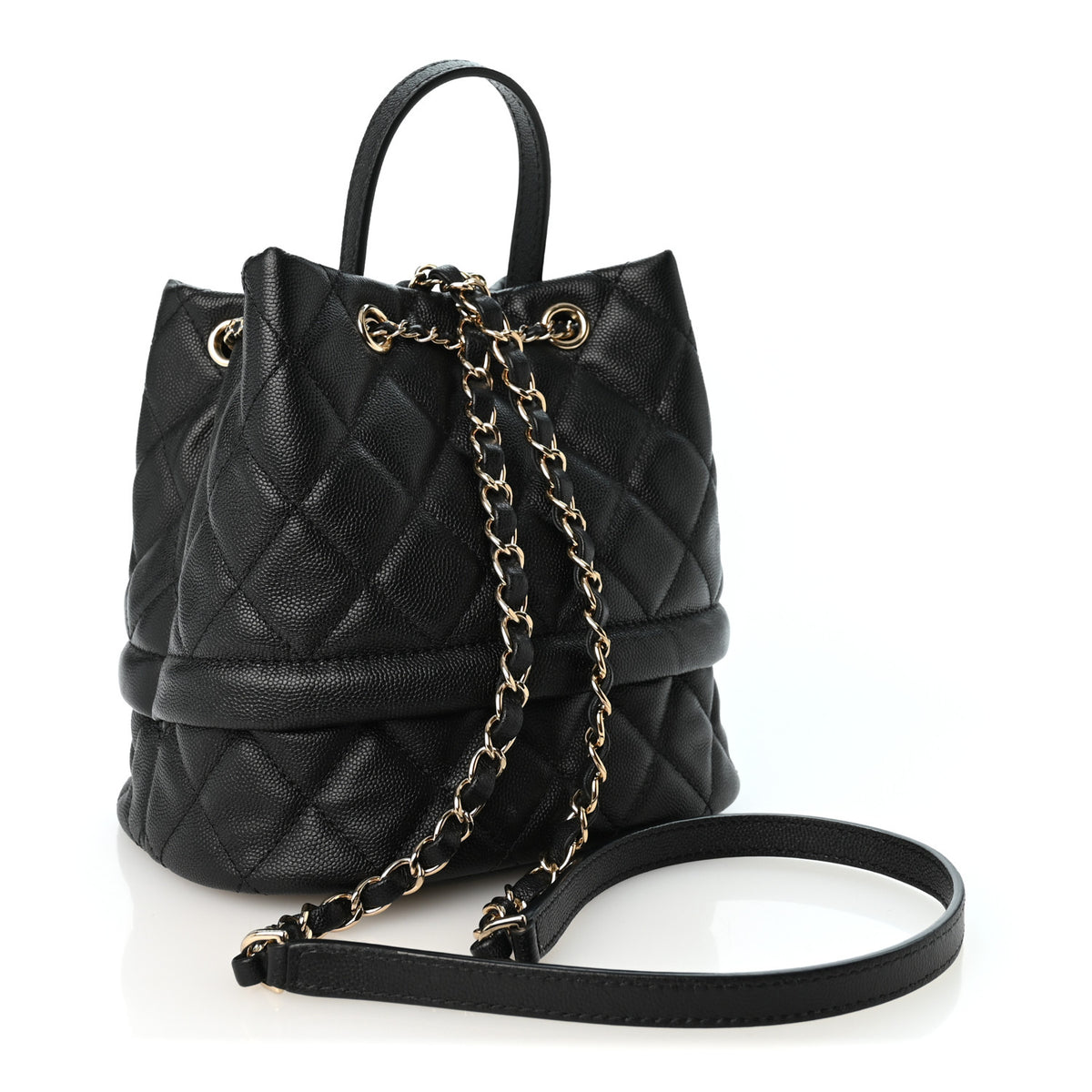 Caviar Quilted Rolled Up Bucket Drawstring Bag Black