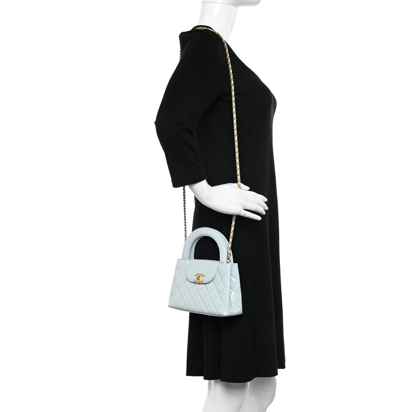 Shiny Aged Calfskin Quilted Nano Kelly Shopper Light Blue