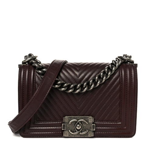 Calfskin Chevron Quilted Small Boy Flap Burgundy