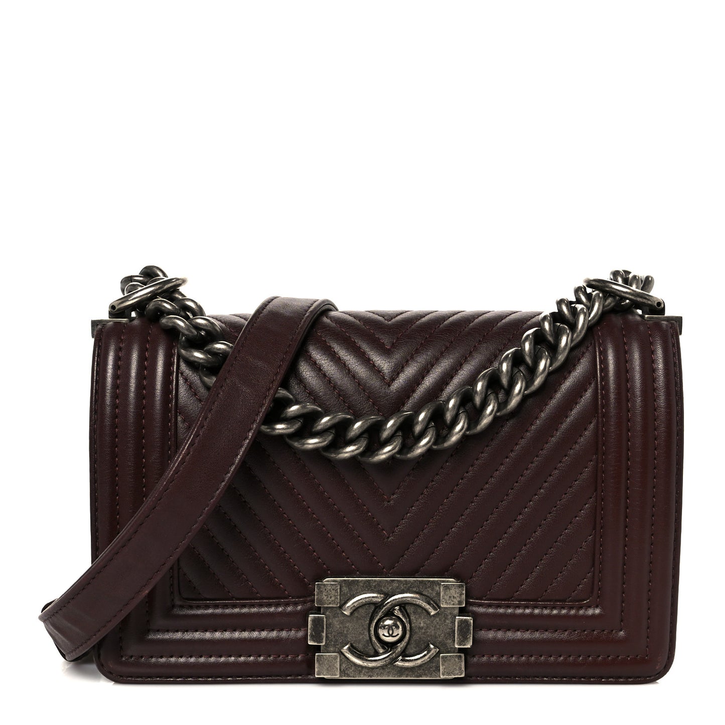 Calfskin Chevron Quilted Small Boy Flap Burgundy