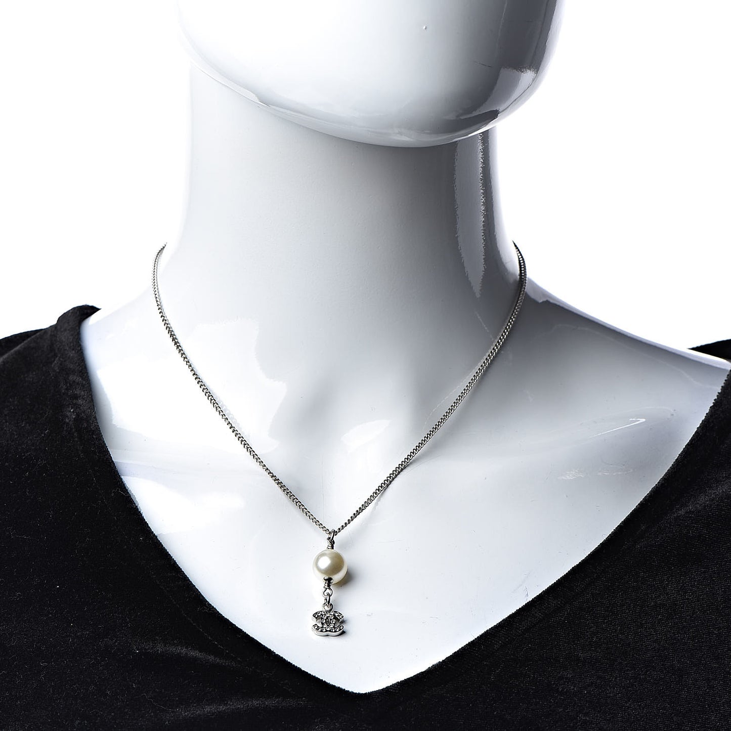 Pearl Crystal CC Drop Necklace Silver