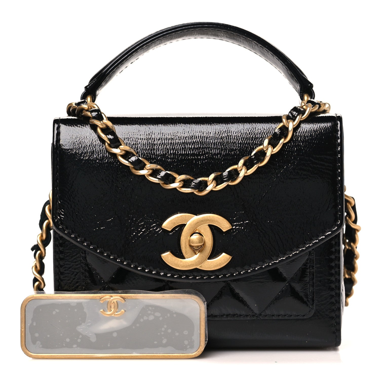 Chanel Shiny Lambskin Quilted Top Handle Card Holder On Chain Black 3 of 11