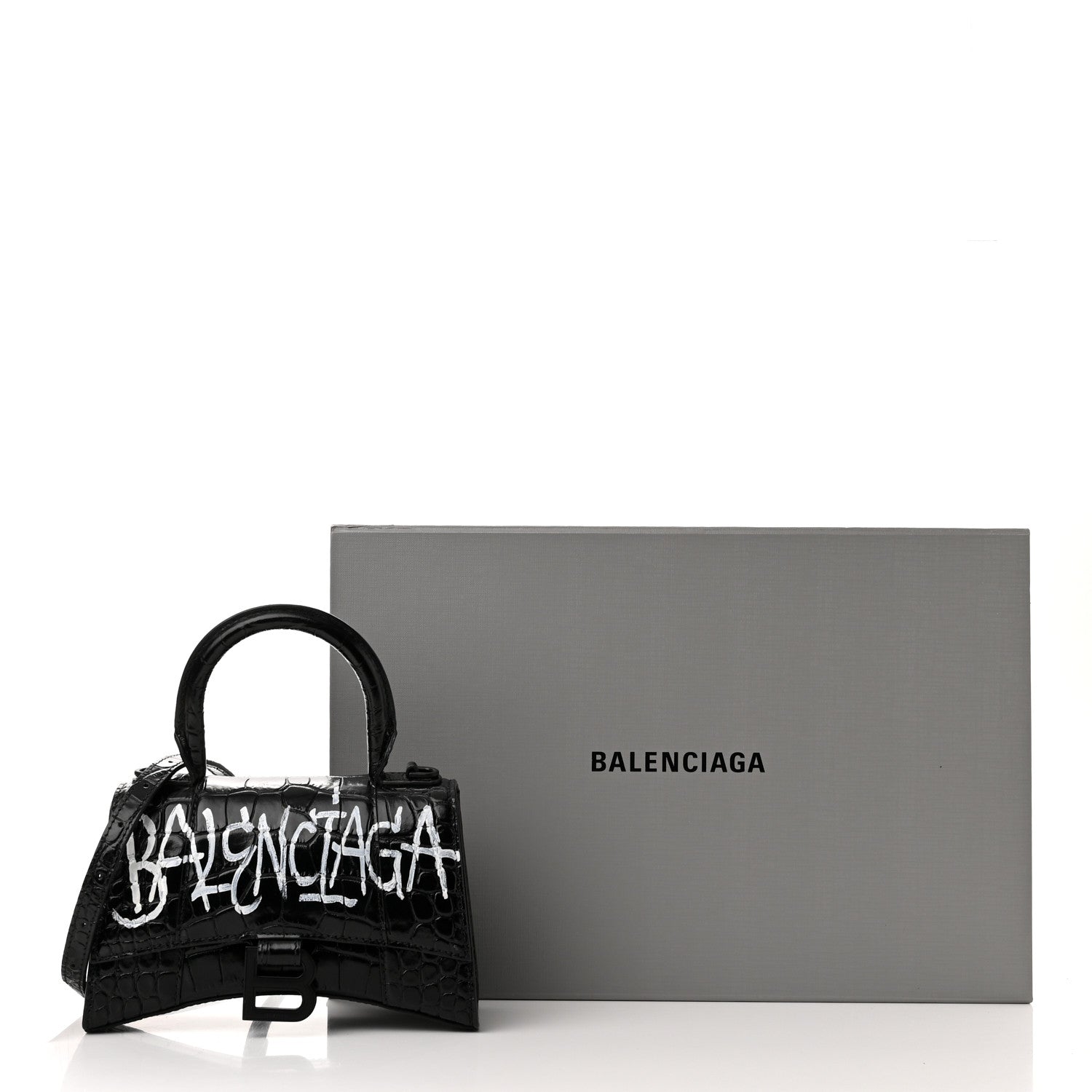 Balenciaga Calfskin Graffiti Logo Monochrome Crocodile Embossed Hourglass Top Handle Bag XS Black 14 of 14