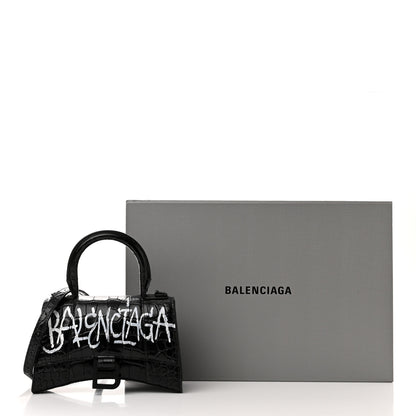 Balenciaga Calfskin Graffiti Logo Monochrome Crocodile Embossed Hourglass Top Handle Bag XS Black 14 of 14