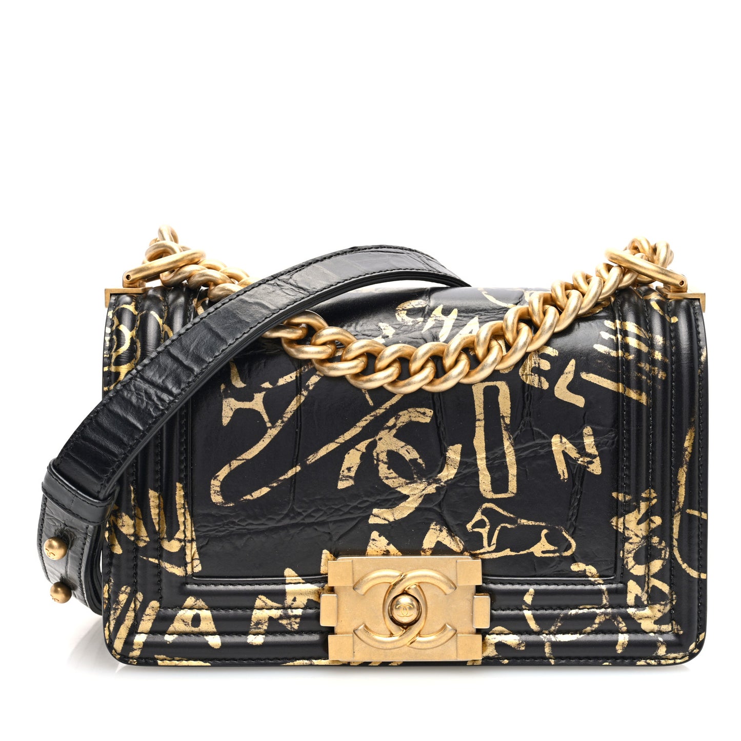 Calfskin Crocodile Embossed Graffiti Cocodile Small Boy Flap Black Gold