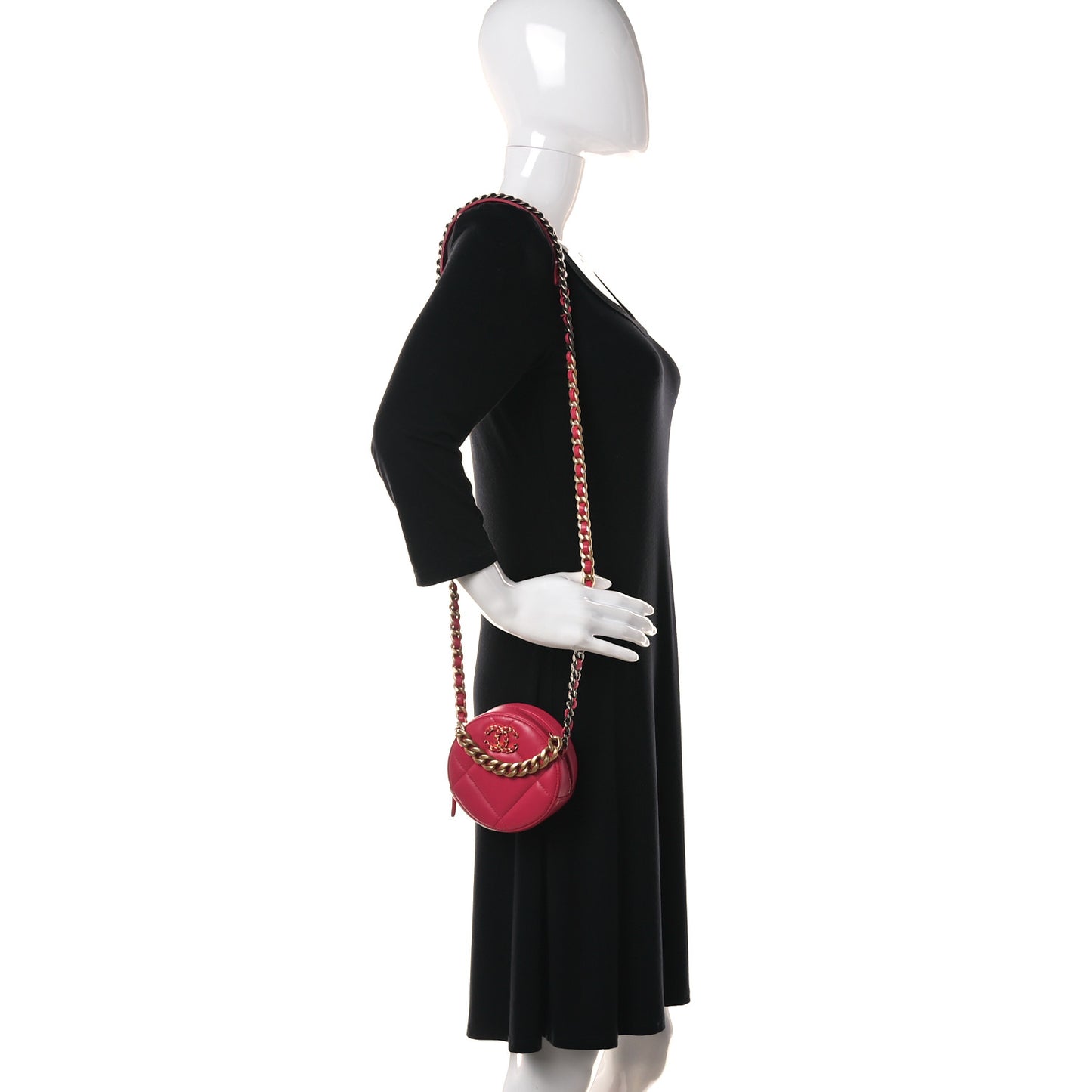 Goatskin Quilted Chanel 19 Round Clutch With Chain Dark Pink