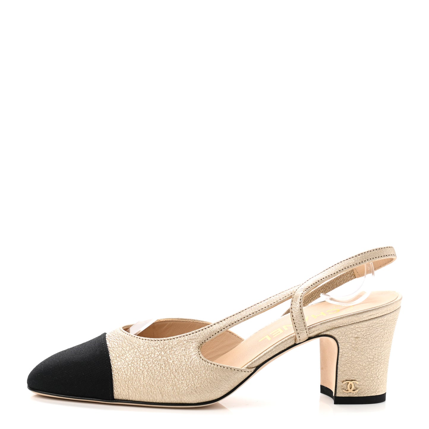 Metallic Lambskin Grosgrain Cap Toe CC Slingback Pumps 36.5 Gold Black