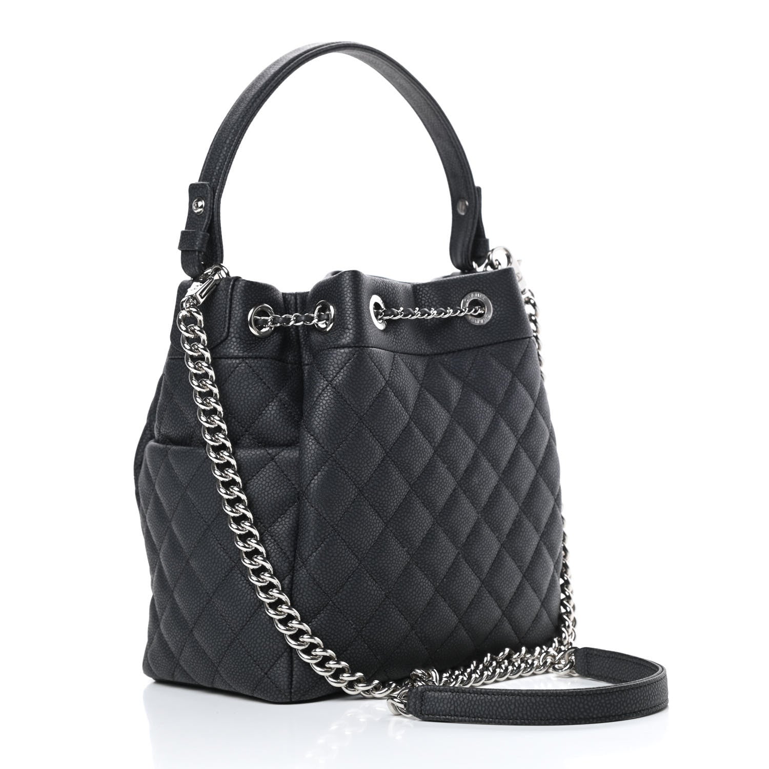 Chanel Caviar Flat Quilted CC Chain Bucket Drawstring Bag Black 3 of 11