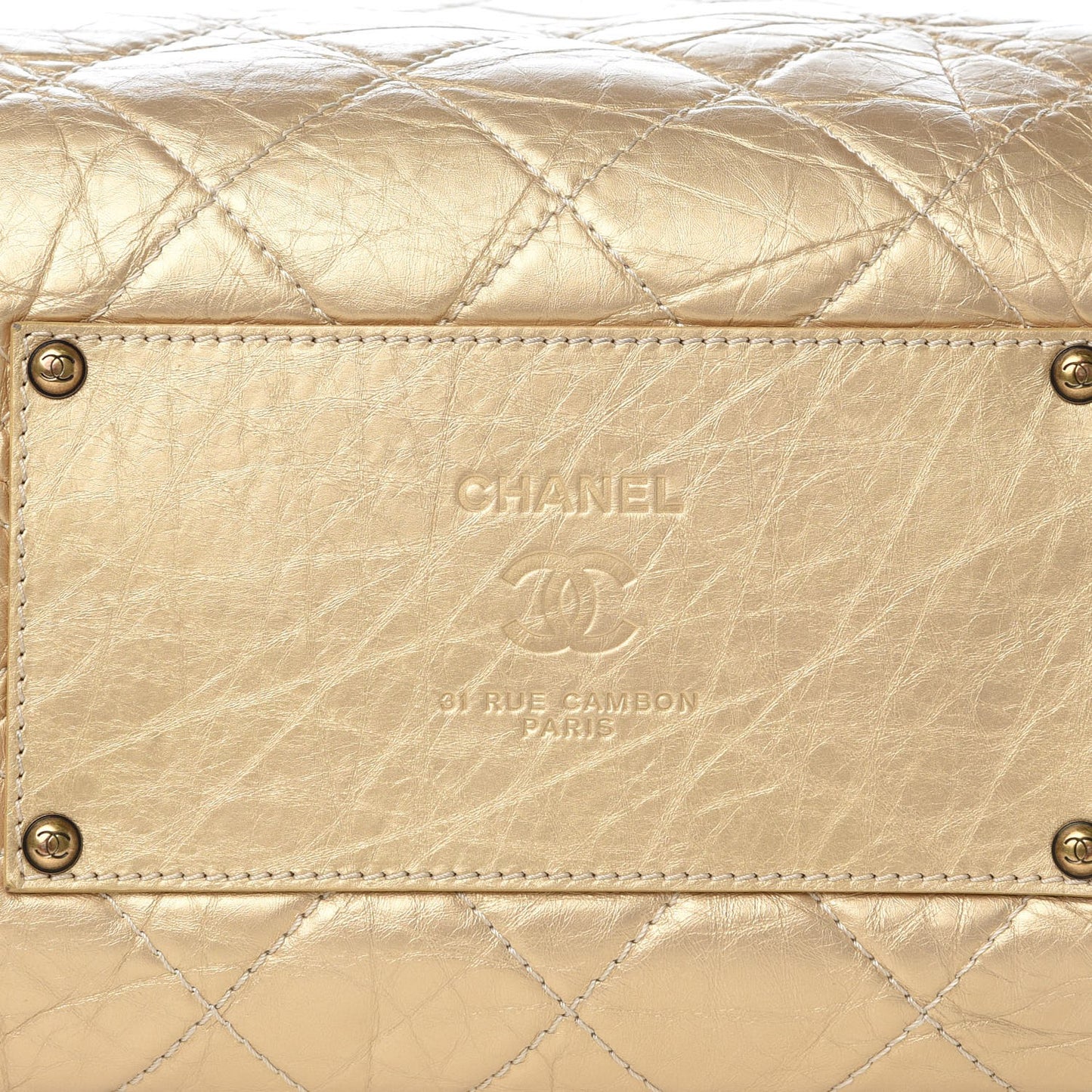 Metallic Aged Calfskin Quilted Large Secret Tag Bowling Bag Gold