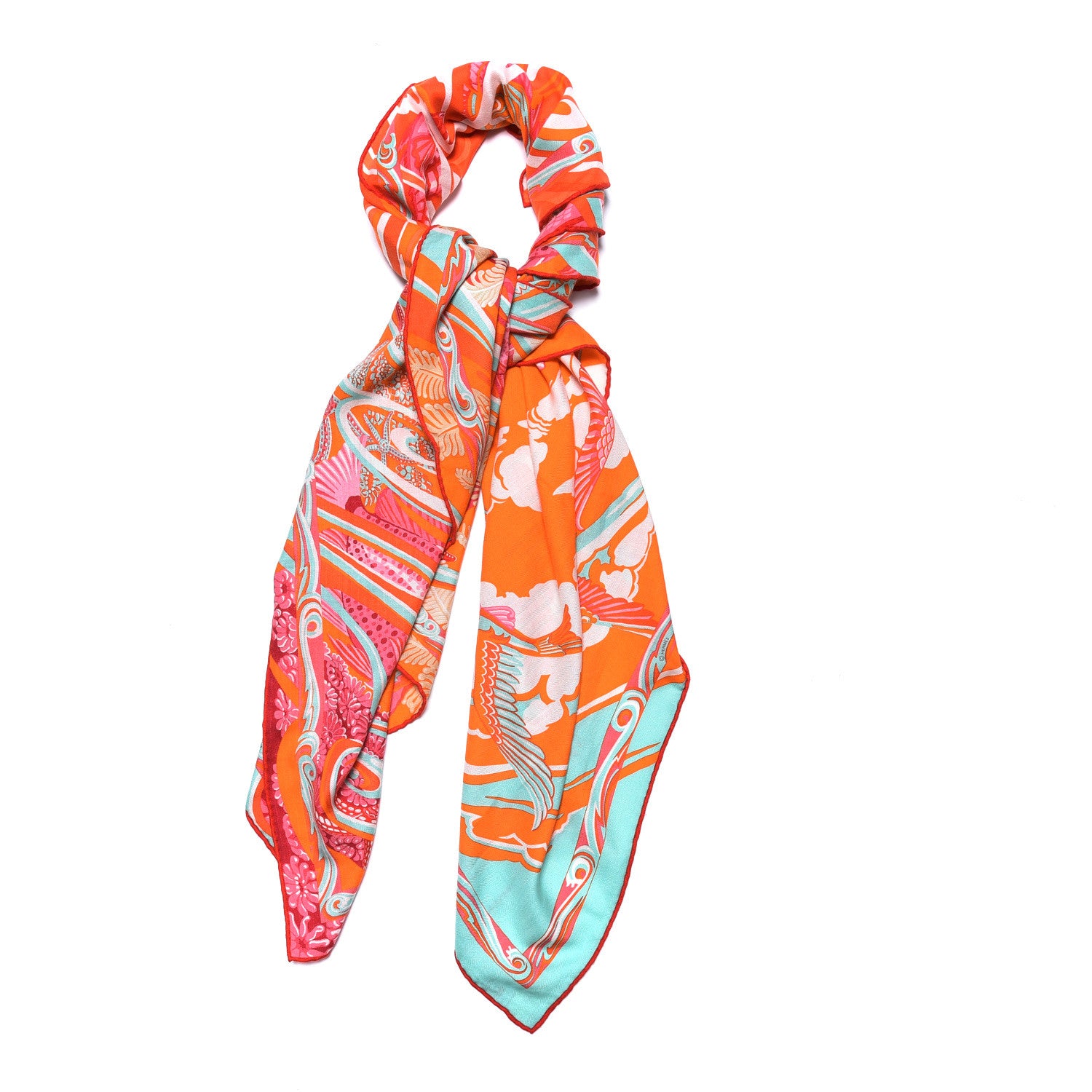 Hermes Cashmere Silk De La Mer Au Ciel Shawl 140 Orange Vert Corail 3 of 9