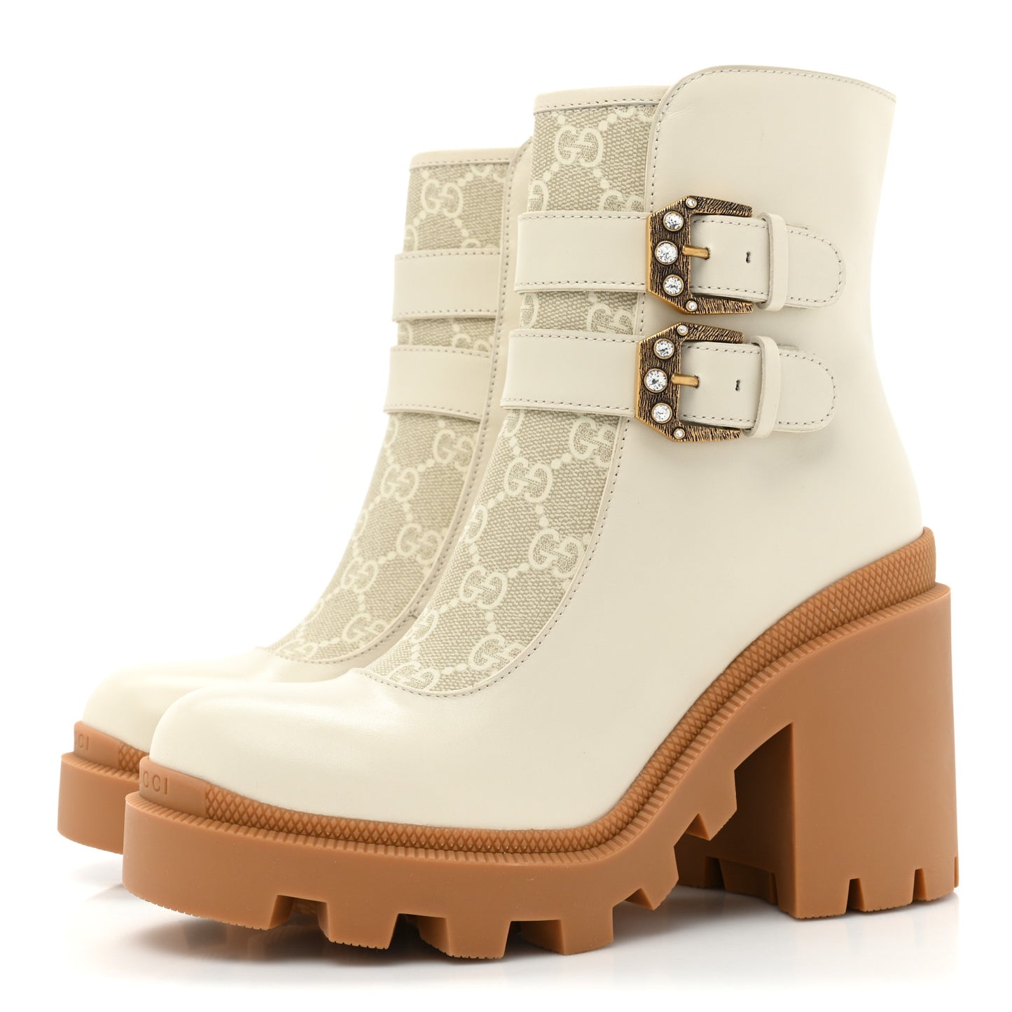 Kensington Calfskin Nappa GG Supreme Monogram Womens Double Buckle Ankle Boots 36 Mystic White Beige