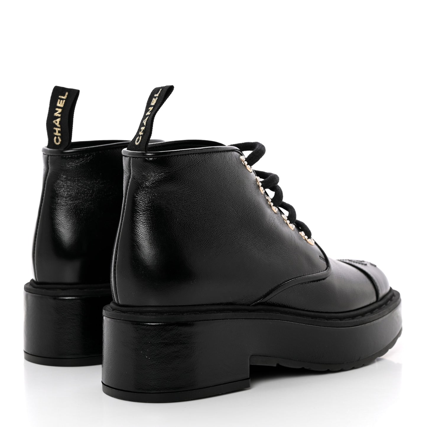 Shiny Calfskin Pearl Lace Up Combat Short Boots 35 Black
