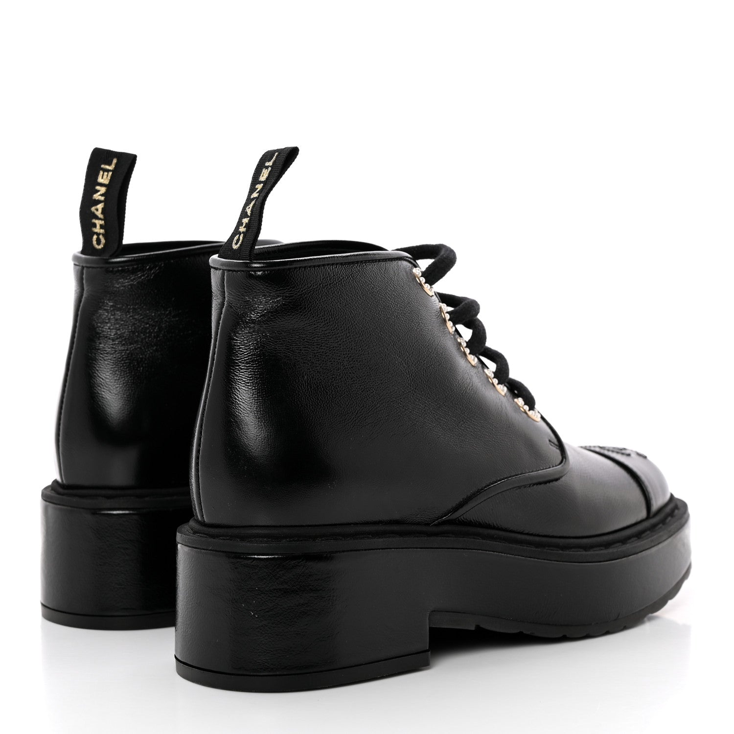 Chanel Shiny Calfskin Pearl Lace Up Combat Short Boots 35 Black 4 of 12