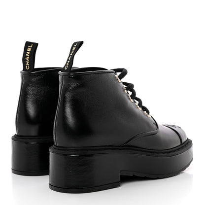 Chanel Shiny Calfskin Pearl Lace Up Combat Short Boots 35 Black 4 of 12