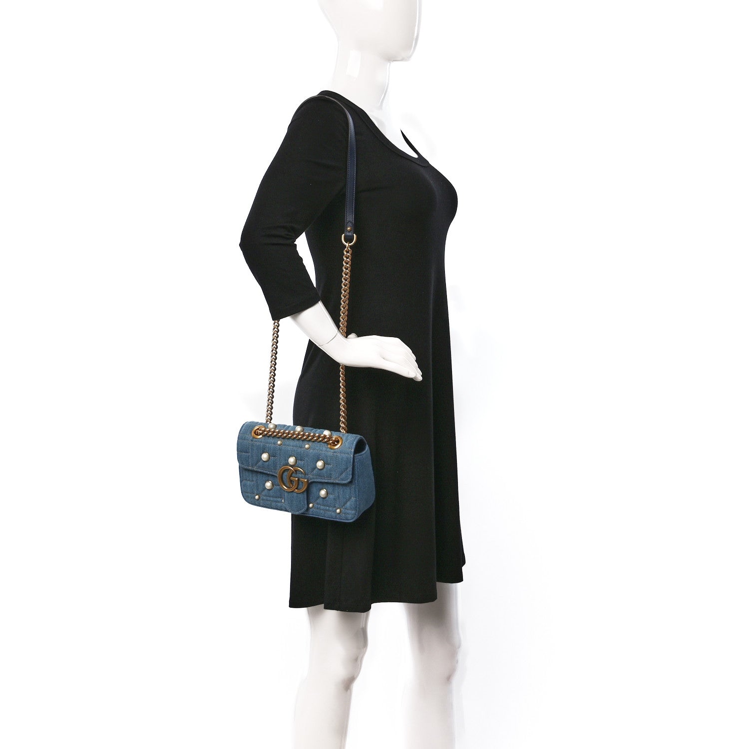 Gucci Denim Matelasse Pearl Studded Mini GG Marmont Shoulder Bag Blue 2 of 9