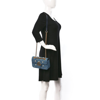 Gucci Denim Matelasse Pearl Studded Mini GG Marmont Shoulder Bag Blue 2 of 9
