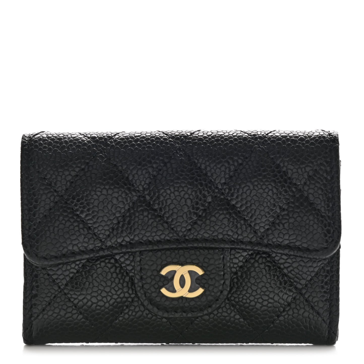 Caviar Quilted Flap Card Holder Wallet Black