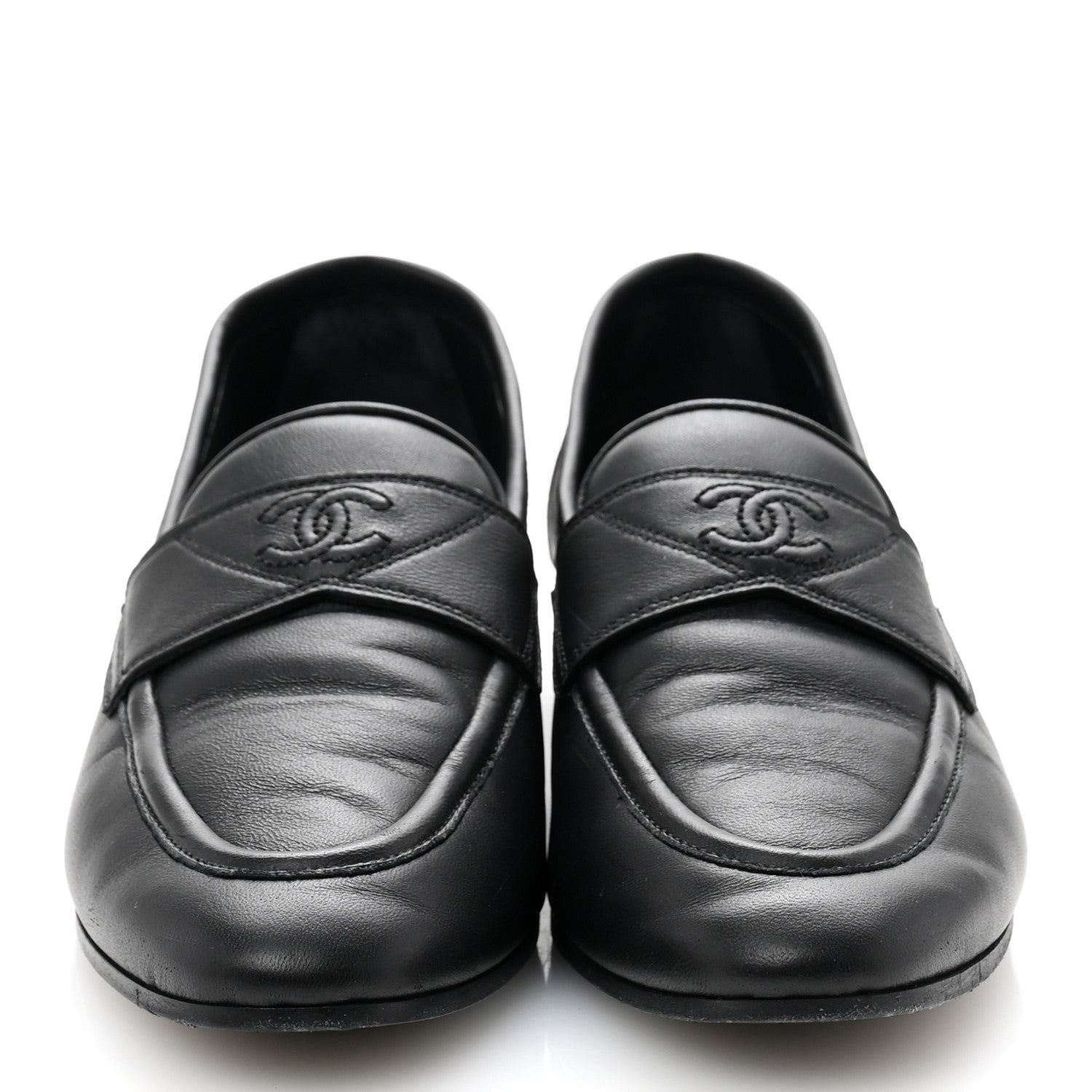 Chanel Calfskin Womens Stitched CC Loafers 37 Black 3 of 10