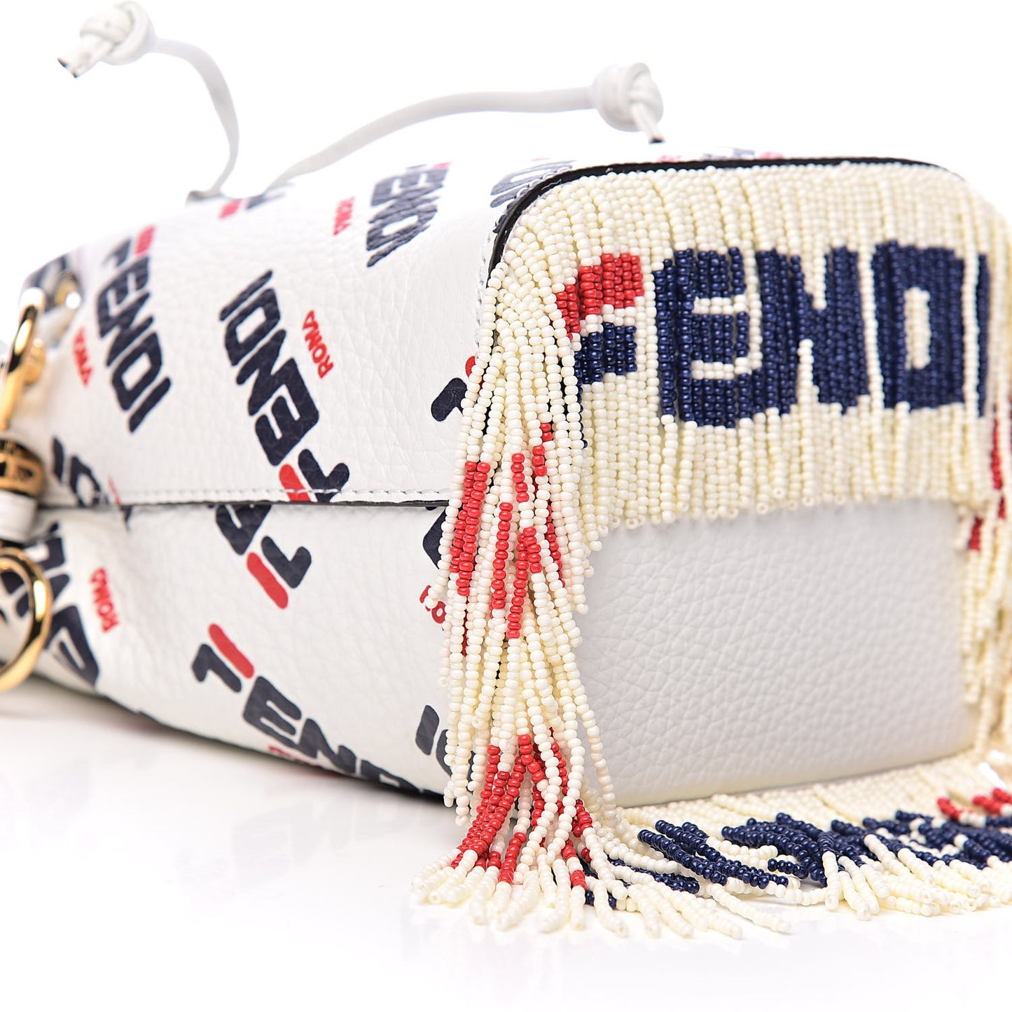 X FILA Calfskin F is Fendi Mania Fringe Mini Mon Tresor Bucket Bag White