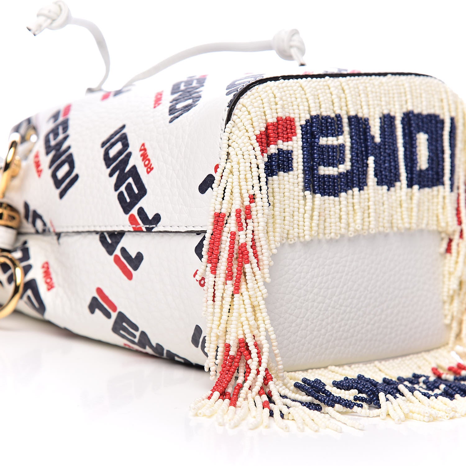 Fendi X FILA Calfskin F is Fendi Mania Fringe Mini Mon Tresor Bucket Bag White 8 of 11