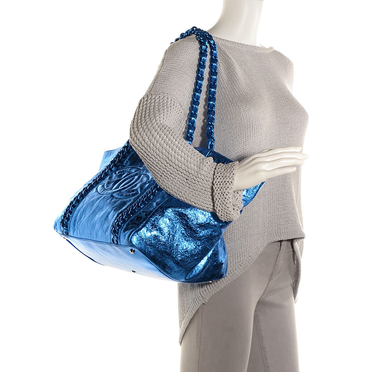 Chanel Metallic Cracked Calfskin Modern Chain Tote Blue 2 of 7
