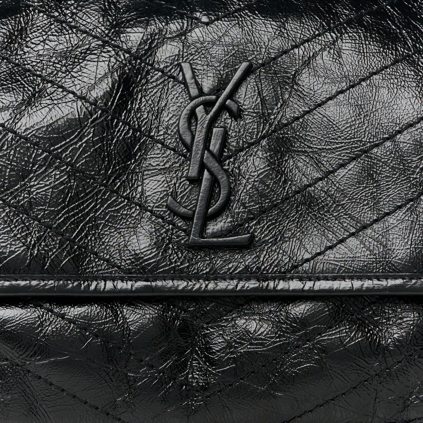Crinkled Calfskin Matelasse Monogram Medium Niki Chain Satchel Black