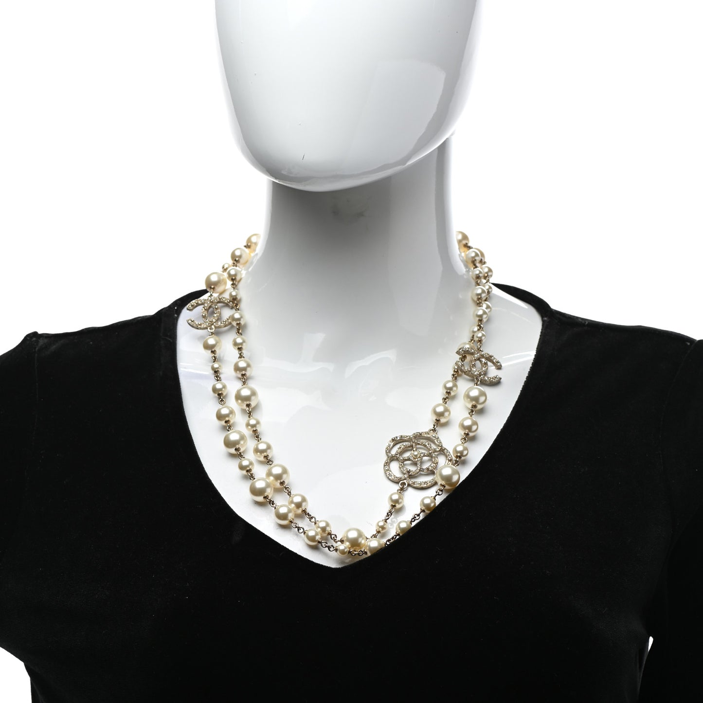Pearl Crystal Camellia CC Necklace Gold