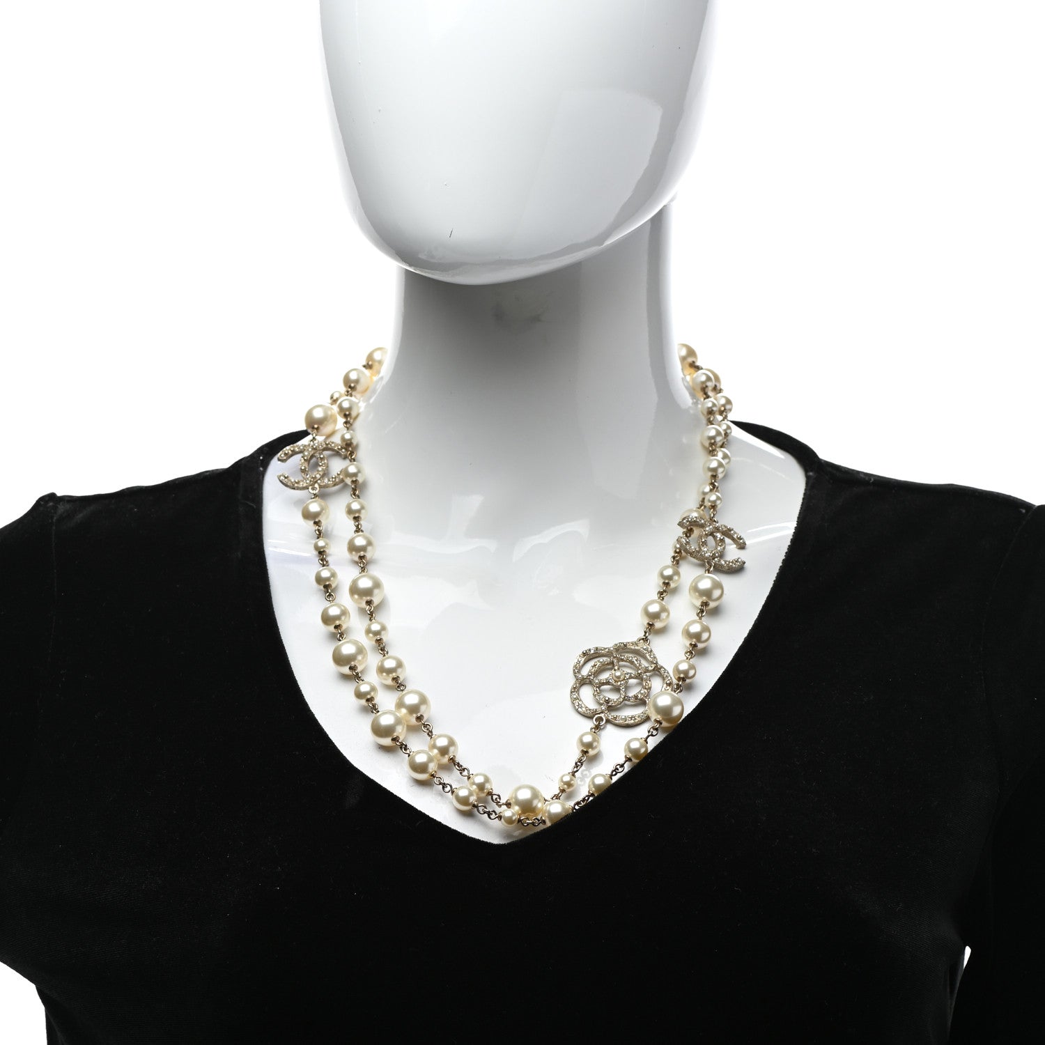 Chanel Pearl Crystal Camellia CC Necklace Gold 2 of 6