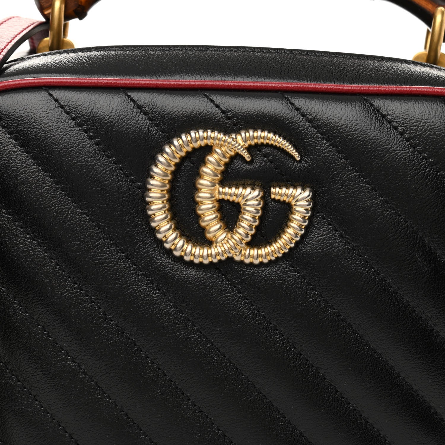 Gucci Vintage Effect Calfskin Matelasse Diagonal Small Torchon GG Marmont Bamboo Top Handle Shoulder Bag Black Romantic Cherry 8 of 13