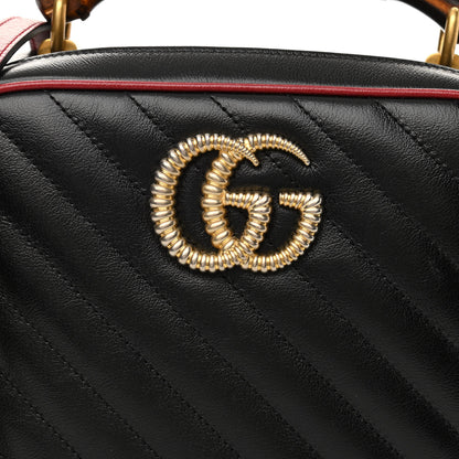 Gucci Vintage Effect Calfskin Matelasse Diagonal Small Torchon GG Marmont Bamboo Top Handle Shoulder Bag Black Romantic Cherry 8 of 13