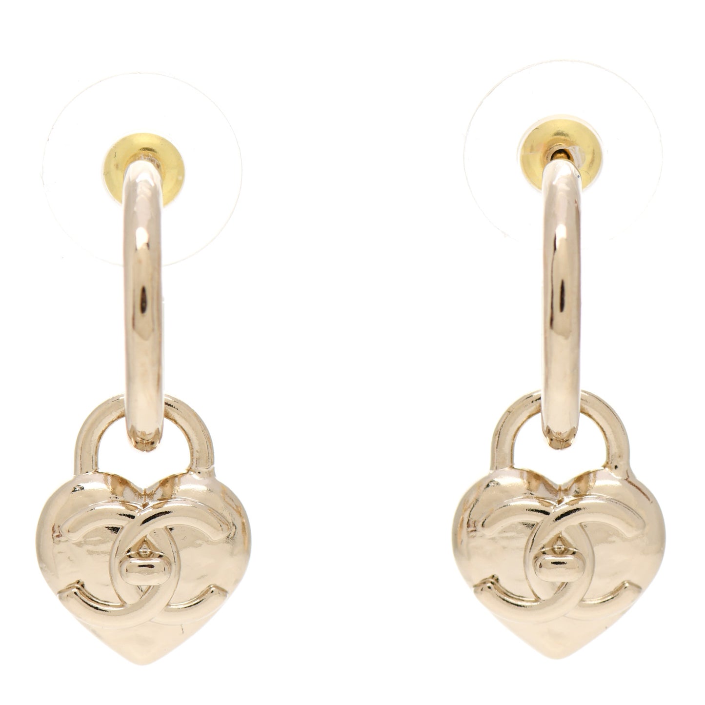 Metal CC Heart Drop Earrings Gold