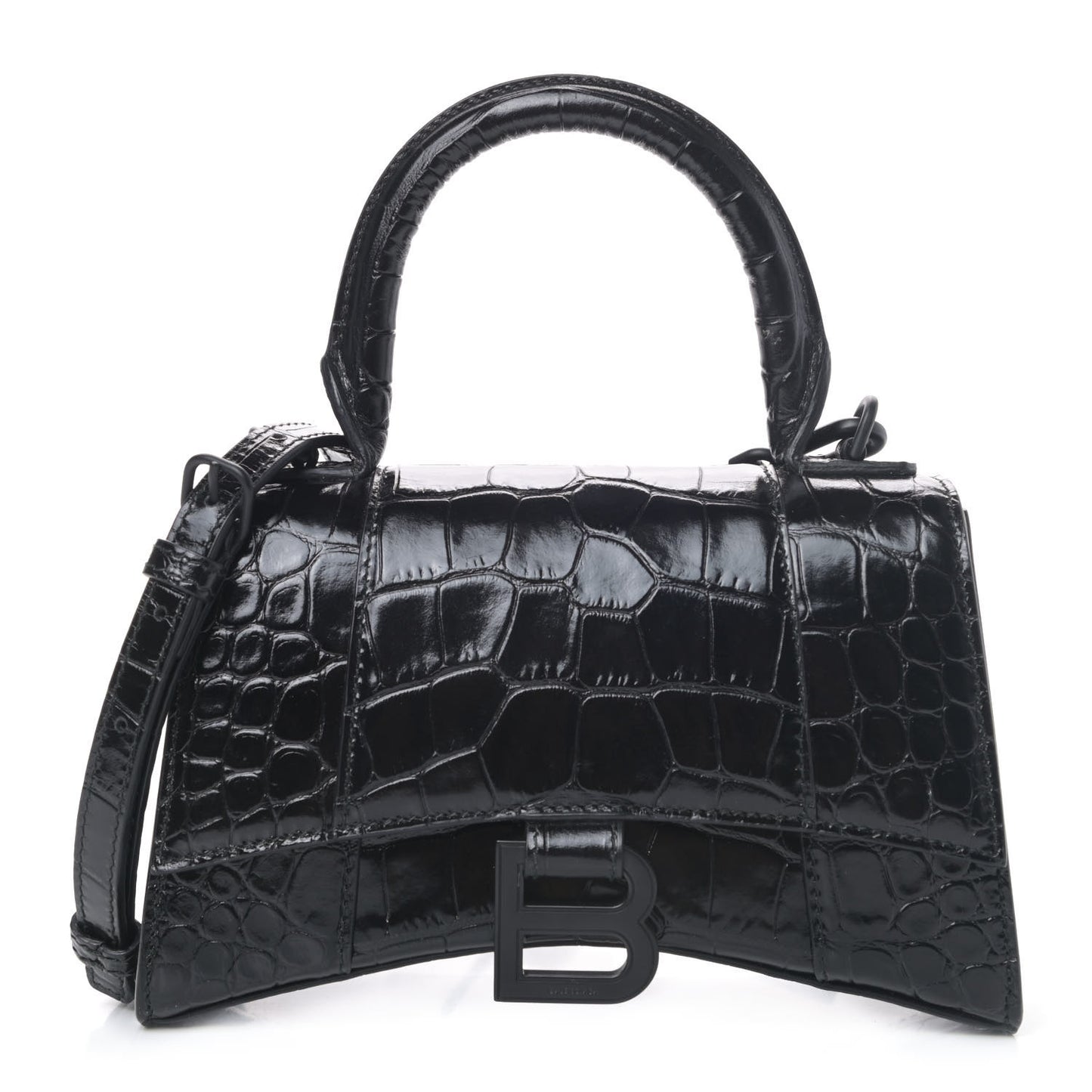 Shiny Calfskin Monochrome Crocodile Embossed Hourglass Top Handle Bag XS Black