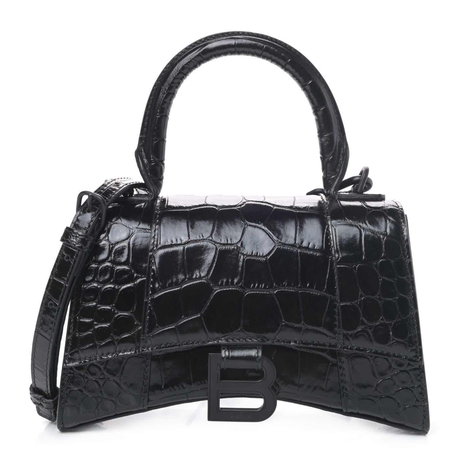 Balenciaga Shiny Calfskin Monochrome Crocodile Embossed Hourglass Top Handle Bag XS Black 1 of 4