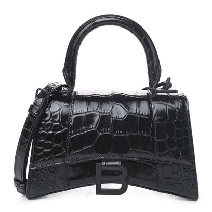 Balenciaga Shiny Calfskin Monochrome Crocodile Embossed Hourglass Top Handle Bag XS Black 1 of 4