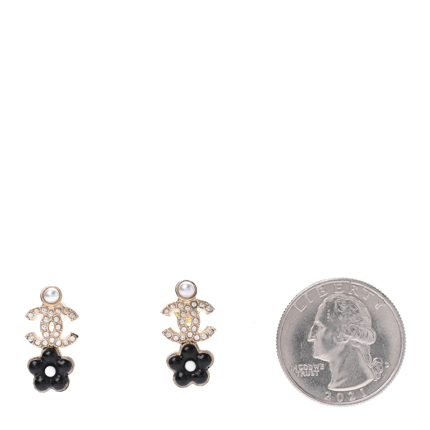 Crystal Pearl CC Flower Earrings Black Gold