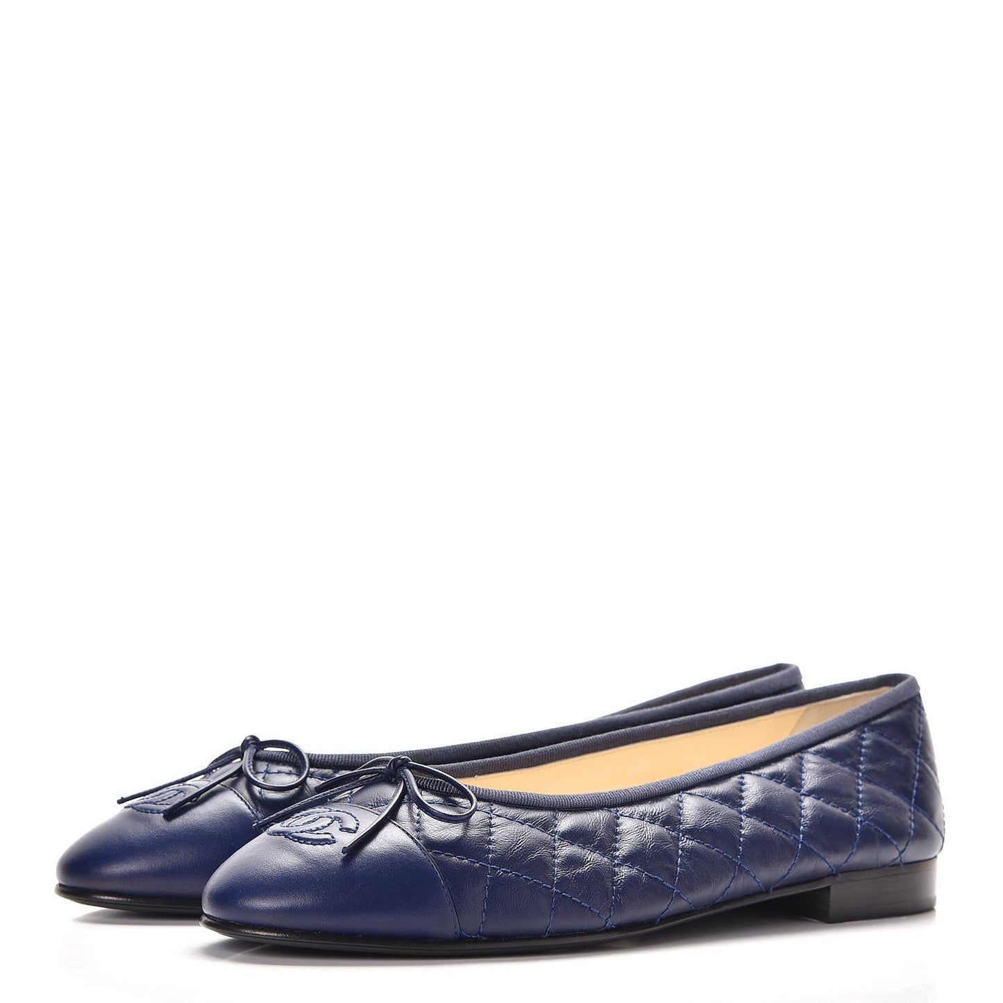 Aged Calfskin Quilted Cap Toe Ballerina Flats 39.5 Navy