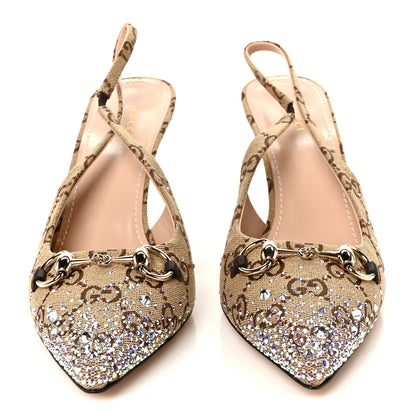 Gucci Canvas GG Monogram Horsebit Slingback Pumps 41 Beige Ebony Cocoa 3 of 9