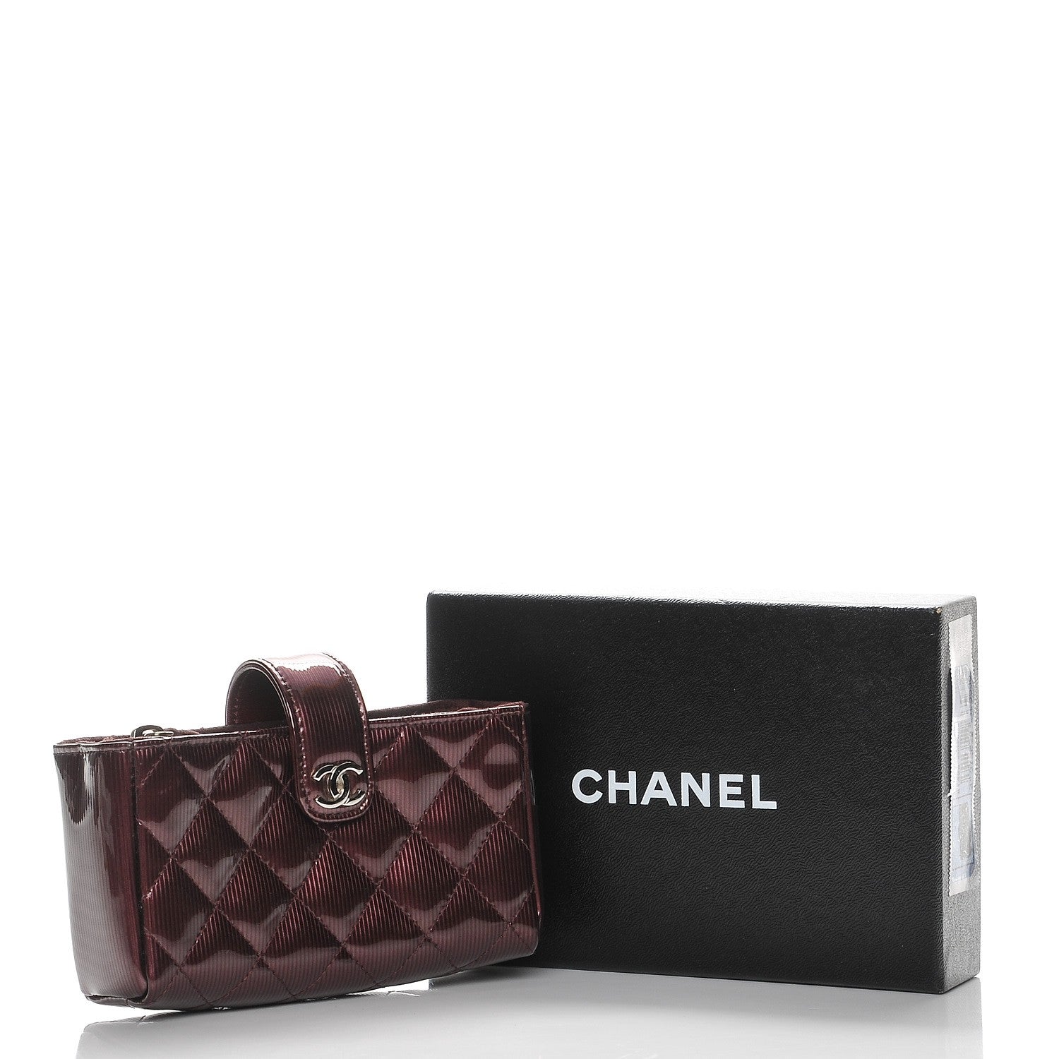 Chanel Striated Patent Quilted Mini Phone Holder Clutch Burgundy 8 of 8