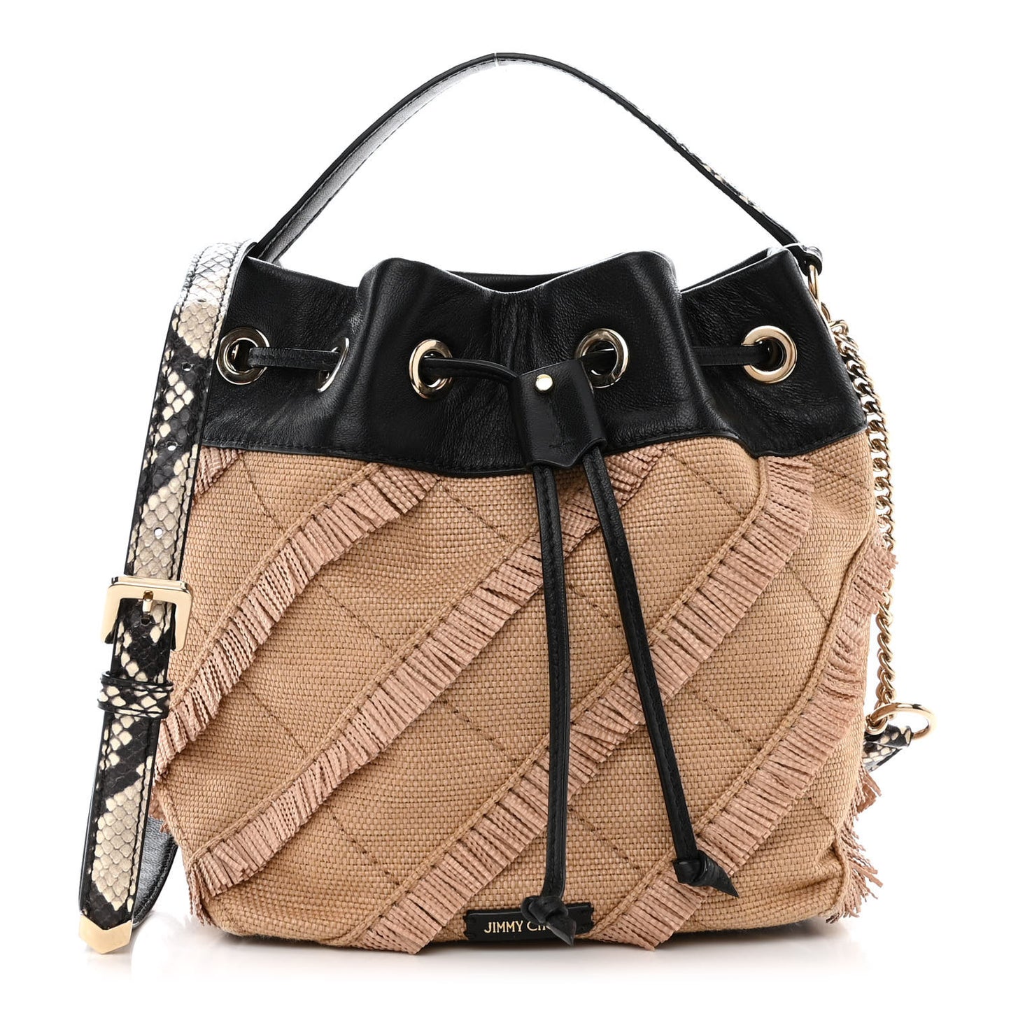 Raffia Fringe Snakeskin Juno Bucket Bag Black