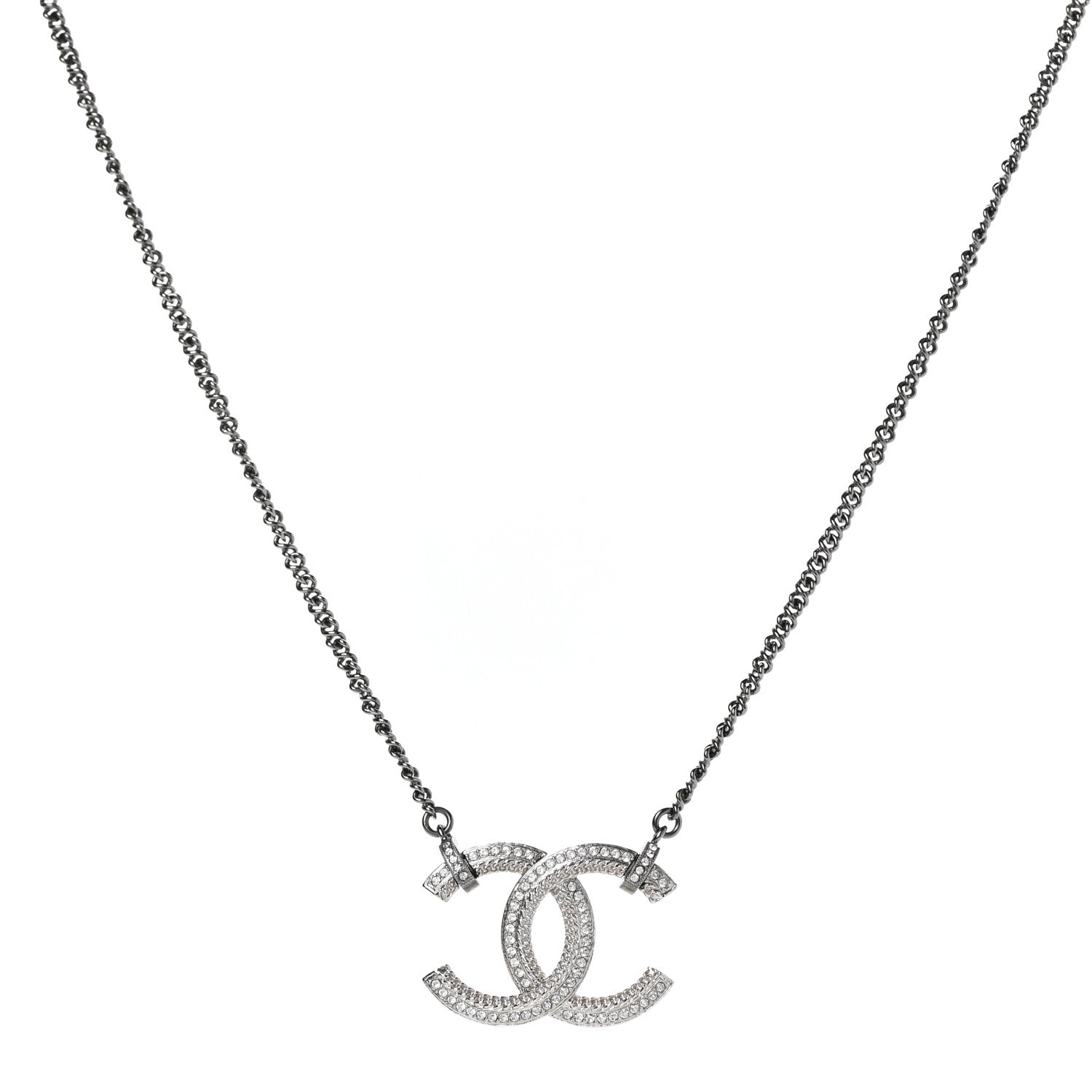 Chanel Crystal CC Pendant Necklace Silver 1 of 7
