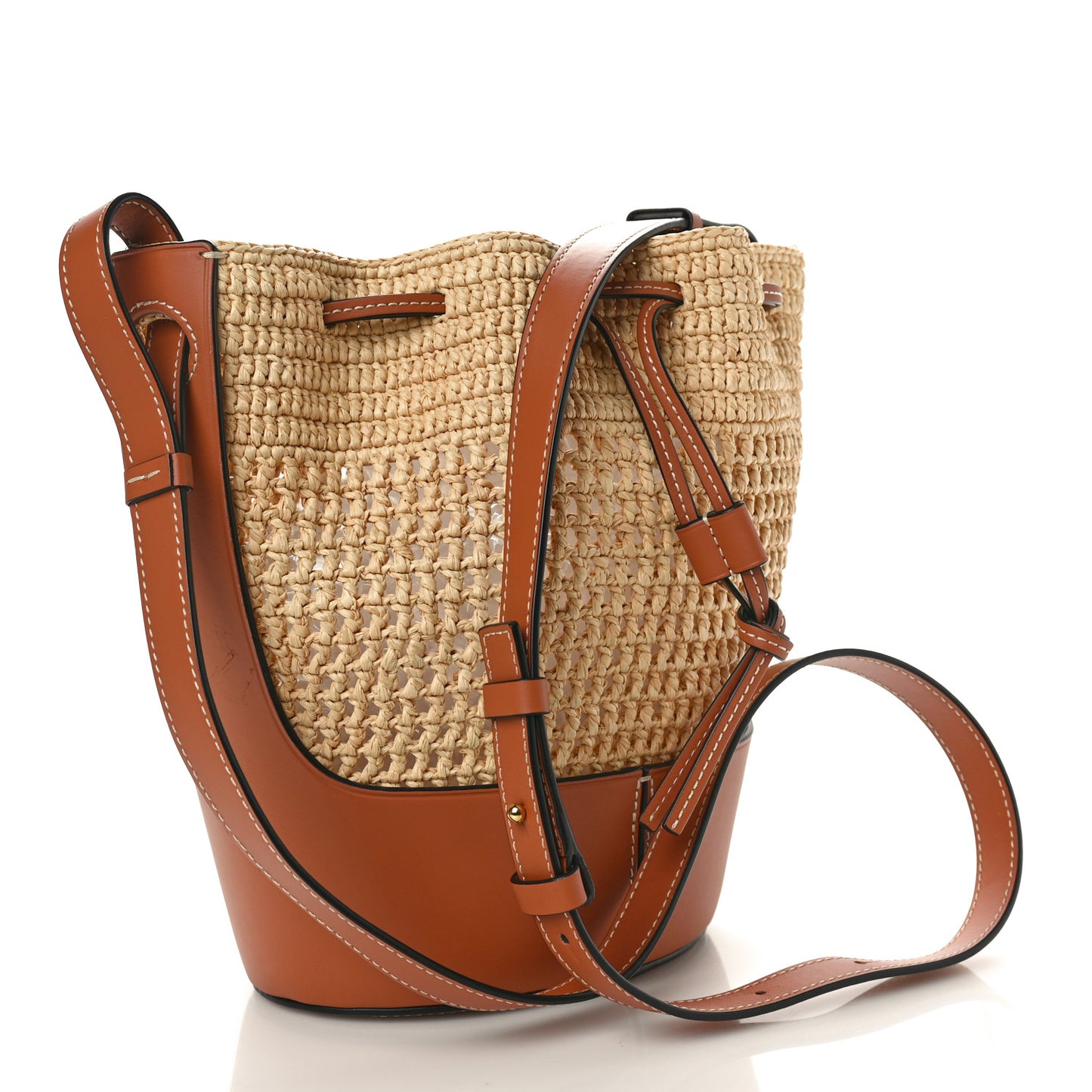 Raffia Calfskin Balloon Bucket Bag Natural Tan