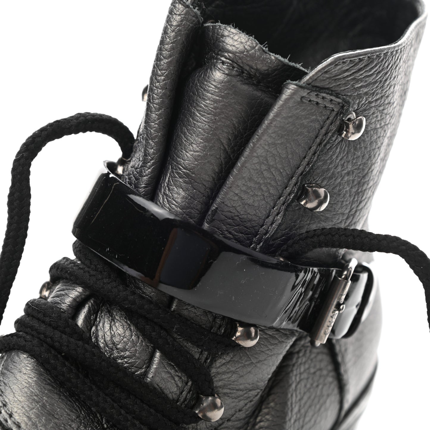 Metallic Grained Calfskin Patent Cap Toe Combat Short Boots 37.5 Dark Silver