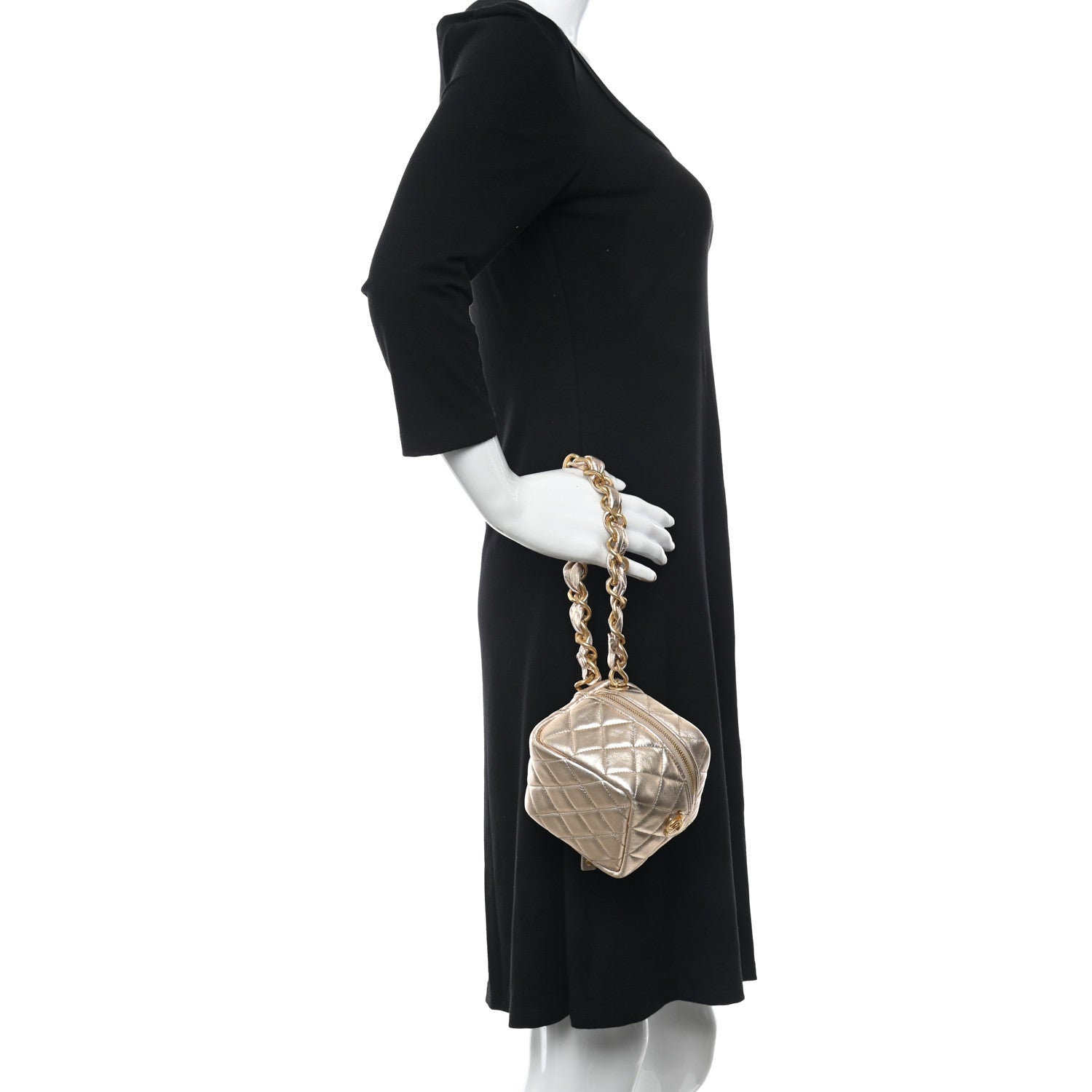 Chanel Metallic Lambskin Quilted Cube Chain Wristlet Case Gold 3 of 10