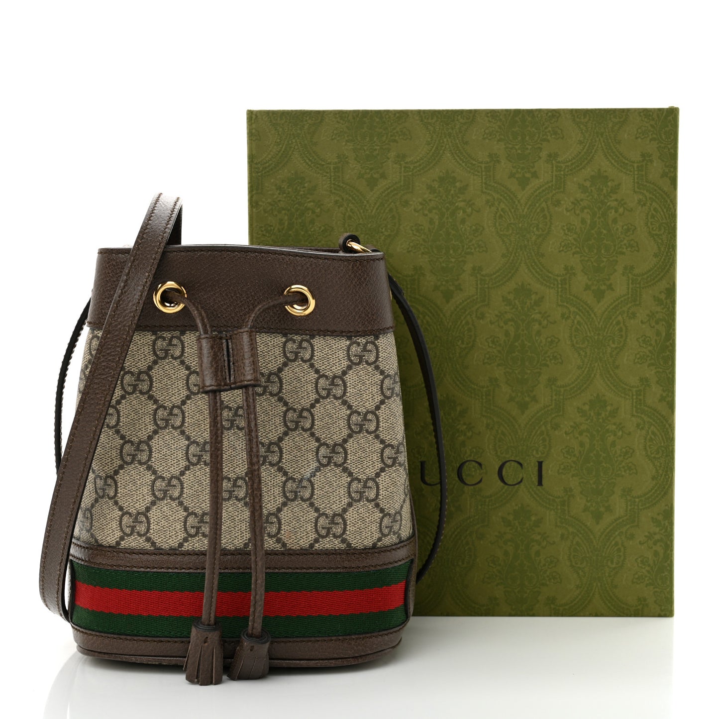 GG Supreme Monogram Web Mini Ophidia Bucket Bag Brown